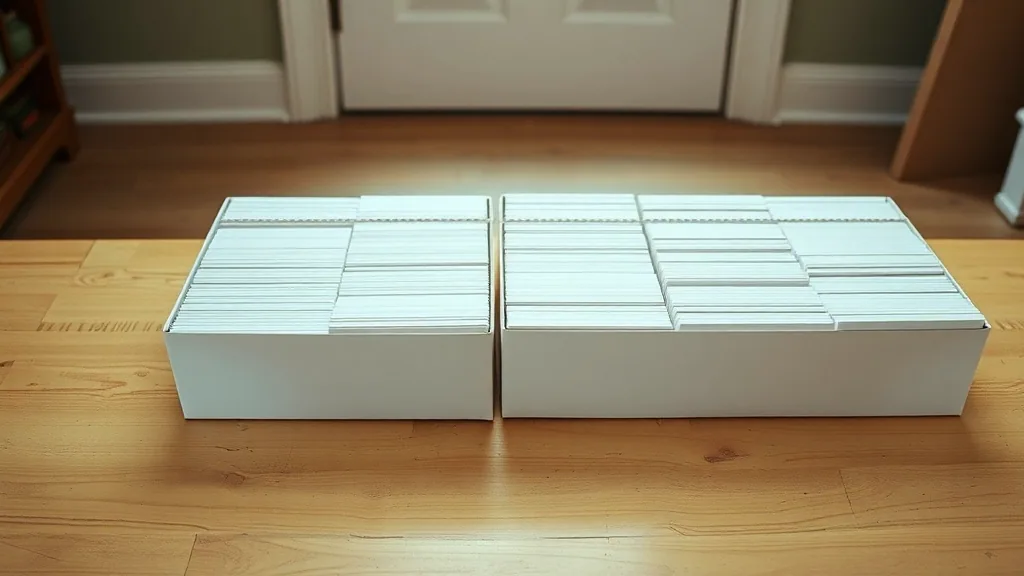 Two long white card boxes on a low table just inside a doorway, cards standing upright in tight rows with blank divider tabs.