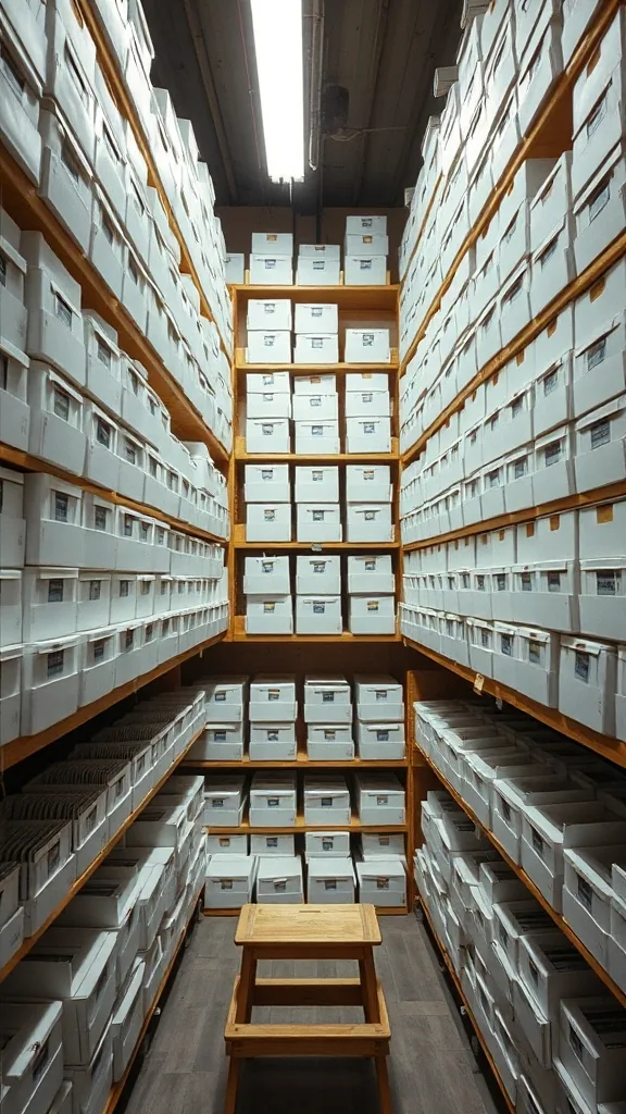 Wooden shelving in a shop back room stacked floor to ceiling with plain white card storage boxes, a wooden step stool on the floor below.