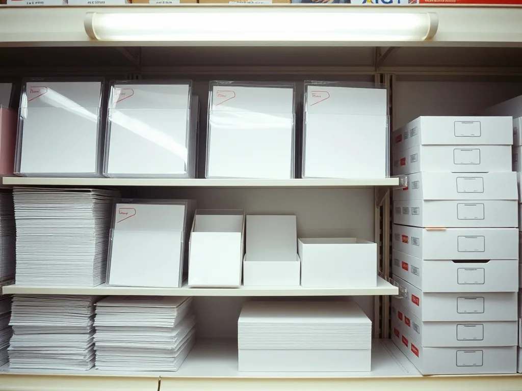 A shelf behind a counter holding plastic card sleeves, rigid card holders and empty white storage boxes under a fluorescent tube.