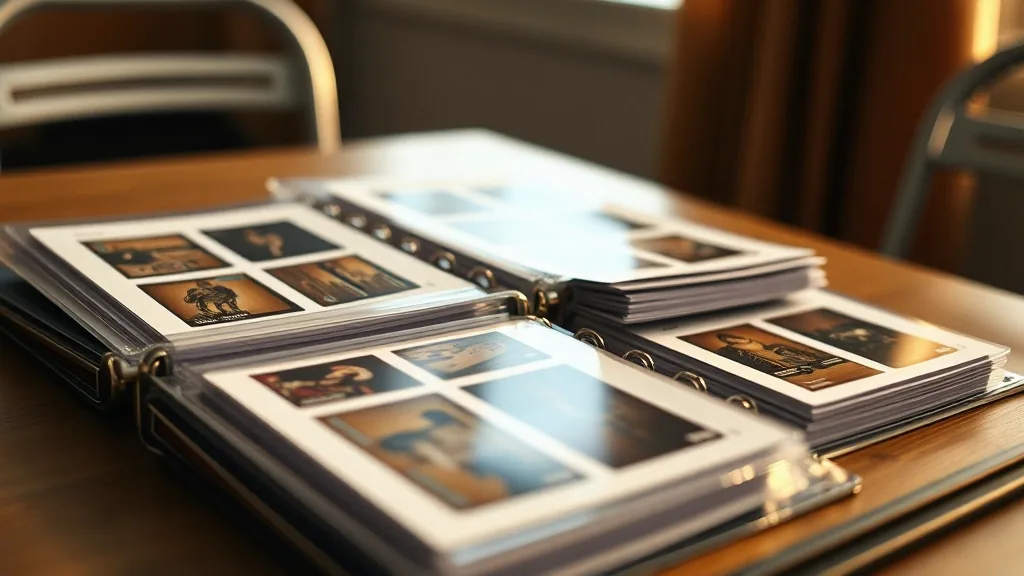 Two ring binders of clear nine pocket pages open on a folding table, chairs pulled in, evening light from a window.